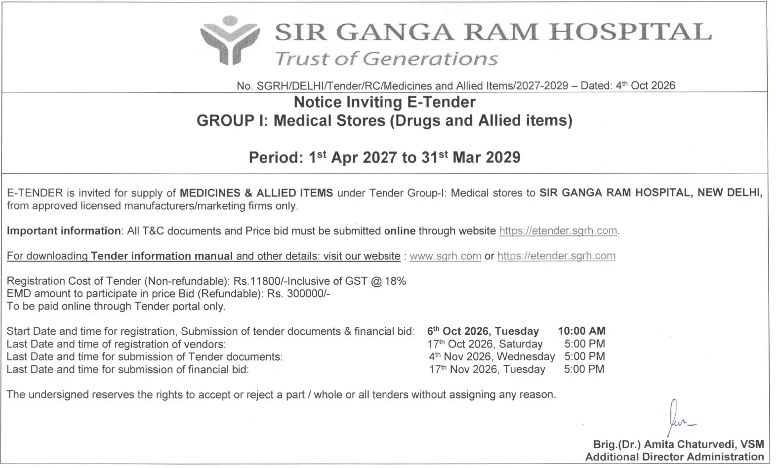 Notice Inviting E-Tender GROUP I: Medical Stores (Drugs and Allied items)